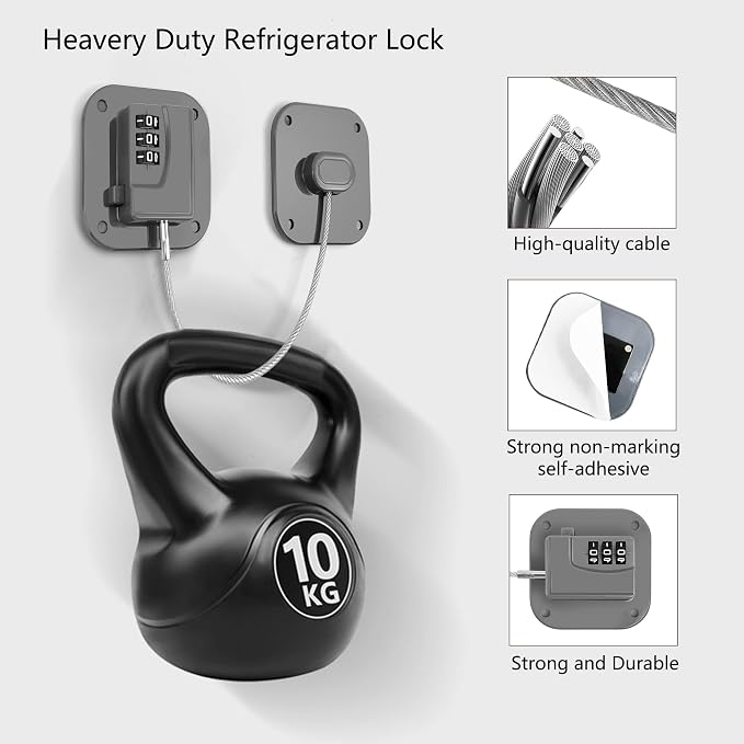 Refrigerator Lock, Heavy Duty Fridge Lock, Combination Lock for Refrigerator Cabinets, Drawers, Safety, Easy Install No Keys Needed (Grey-3Pack) - Image 3