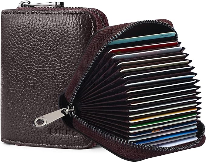 Linno RFID 20 Slots Credit Card Holder Genuine Leather Small Wallet for Women or Men with Zipper by Linno