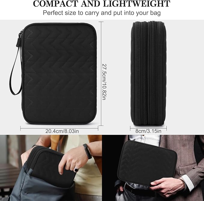 FYY Electronic Organizer, Travel Tech Pouch Bag, Extra Large, Black Quilted | Wrist Strap, Waterproof, Double Layers Electronics Travel Case for iPad, Cord, Laptop Charger, Daily and Business Trips Use - Image 2