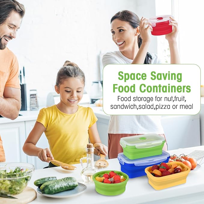 Yaomiao 16 Pack Collapsible Food Storage Container with Lid,Bright Colors | Silicone Bowls with Air Vent, Foldable Rectangle Round Bowl ,For Rv Camping Meal Prep Organizing, Microwave Freezer Safe - Image 6