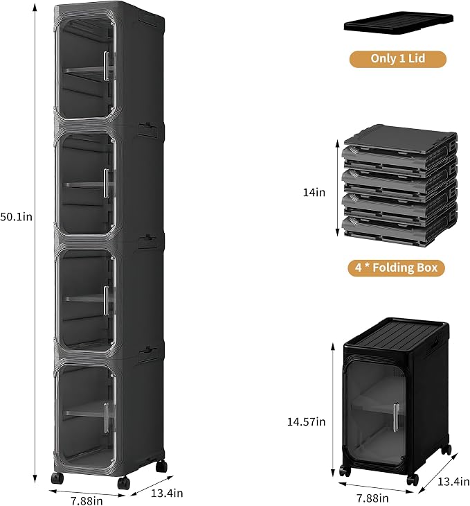 4-Tier Tall Narrow Slim Bathroom Storage Cabinet, Black | Tool Free Assembly, Adjustable Shelves, Fits for Narrow Spaces, Reinforced Stability, Magnetic Clear Door - Image 2