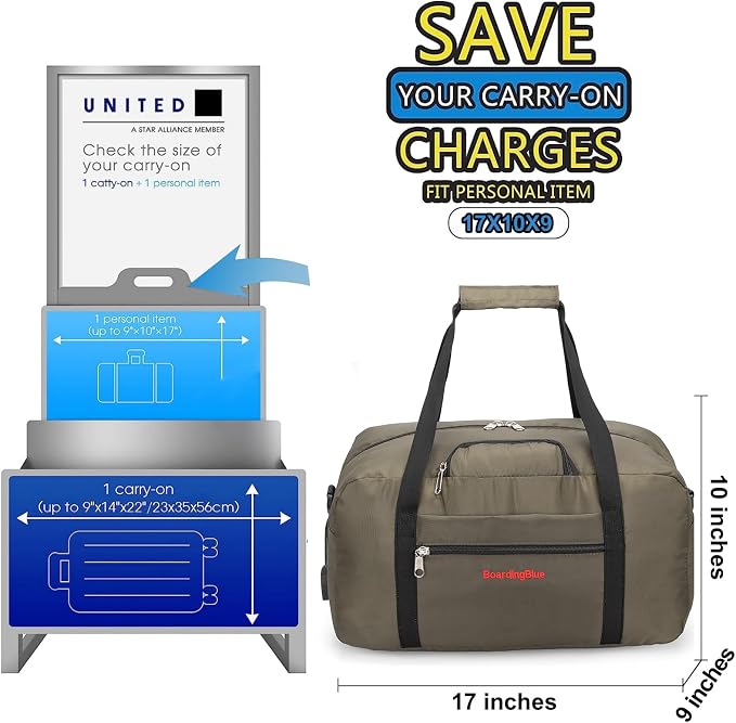 17x10x9 United Airline Personal Item Under Seat Duffel Bag With Free Pillow And USB Port (H Green) - Image 2