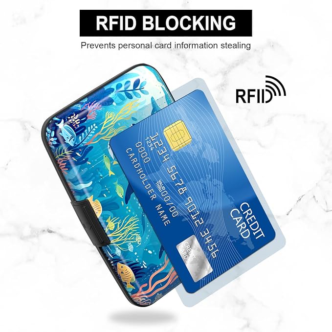 Credit Card Holder, Mini Aluminum Card Wallet RFID Blocking Slim Metal Hard Card Case for Women Men, Whales - Image 3