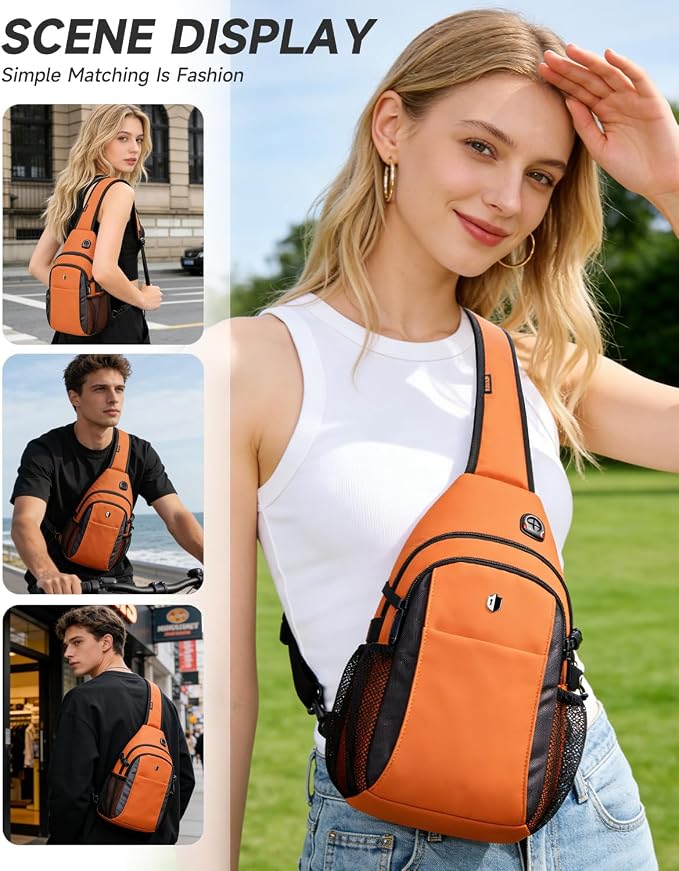 Expandable Sling Bag for Women, Anti-Theft Crossbody Bag with Side Pocket & Earphone Hole, Hiking Chest Pack for Travel, College & City Commute, Fits 11 inch iPad, Switch 2, Orange - Image 3