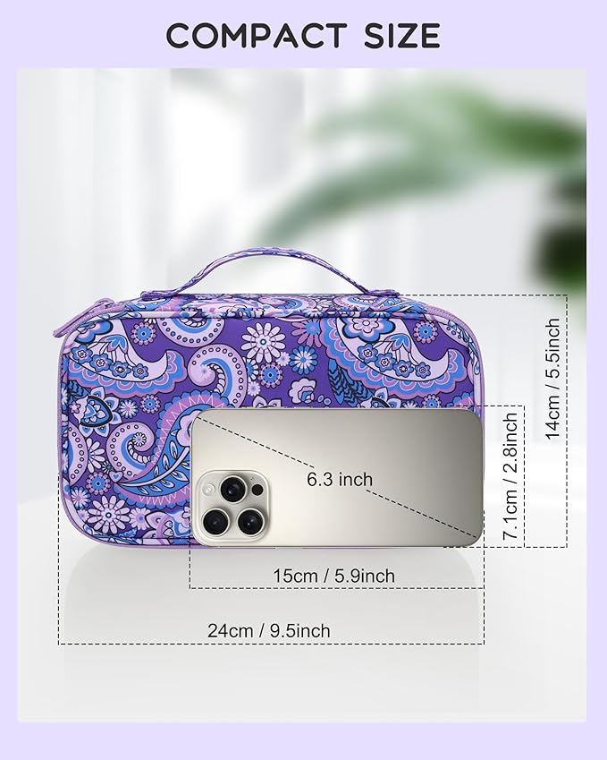 Relavel Small Floral Cosmetic Bag with Makeup Brush Compartment | Portable Makeup Pouch for Women, Double Layer Cute Toiletry Organizer Bag for Accessories, Purple Flower - Image 2
