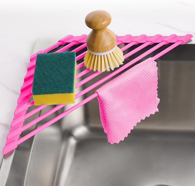 Tomorotec Roll Up Dish Drying Rack with Silicone Coating, Hot Pink | 304 Stainless Steel with BPA-Free Silicone, Triangle Design Maximizes Sink Corner Space, Fits Compact Kitchens And RVs by Tomorotec