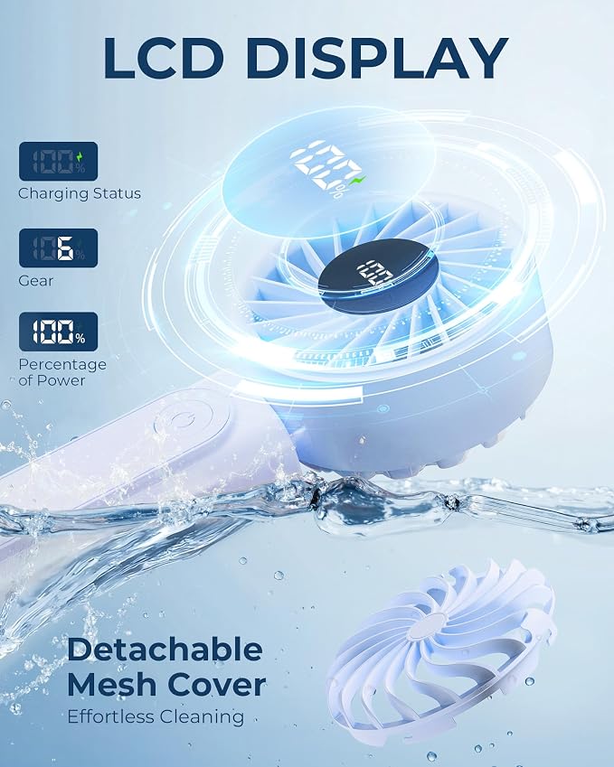 Peiyuu Portable Fan, 4000mAh Rechargeable, 180° Foldable Mini Desk Fan with 6 Wind Speed, LCD Digital Display, Lanyard as Neck Fan, Ultra Quiet, Pocket Size for Indoor Outdoor - Image 5