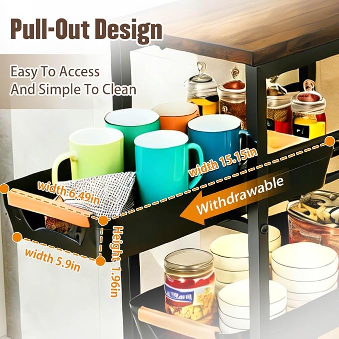 Slim Storage Cart with Wheels Pull-Out 5-Tier Rolling Storage Cart | narrow black 8.07in Wide, Mesh Baskets with Raised Edge, Wood-Grain Top, 360° Lockable Casters, Easy Assembly - Image 3