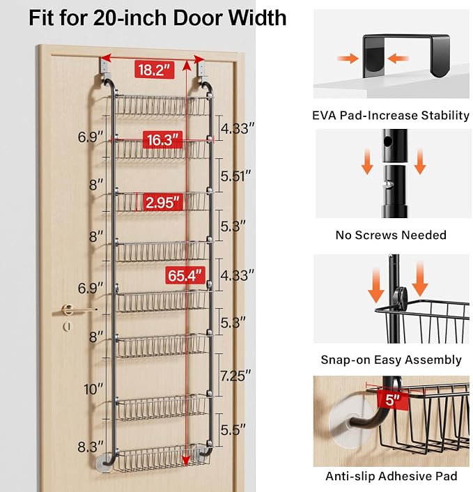 Delamu Over The Door Pantry Organizer, 8-Tier Pantry Door Organizers and Storage, Metal Hanging Spice Rack, Seasoning Organizer, Door Organizer for Home Kitchen Bathroom, Black - Image 2