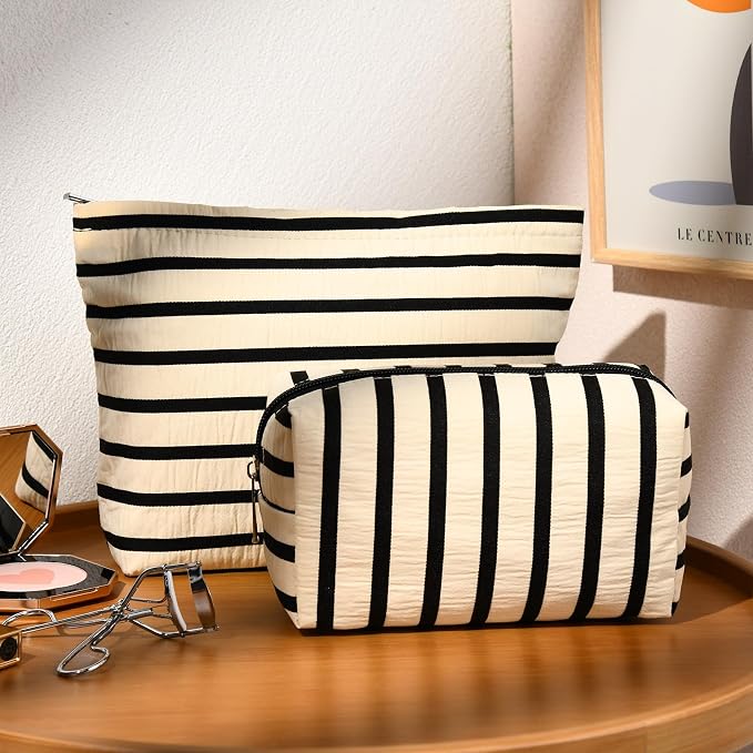 SOIDRAM 2 Pieces Makeup Bag Large Stripe Cosmetic Bag Capacity Canvas Mix Travel Toiletry Bag Organizer Cute Makeup Brushes Aesthetic Accessories Storage Bag for Women, Stripe Mix White - Image 2