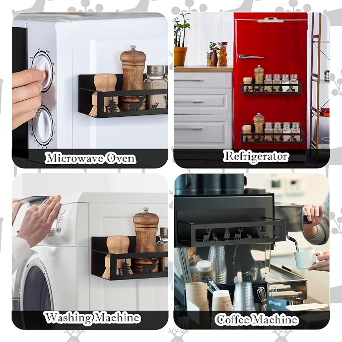 Beeveer 2 Pcs Magnetic Spice Rack for Refrigerator, Black Deer | Rustic Kitchen Spice Organizer, Christmas Kitchen Accessories, Farmhouse Decor, 2 Sizes Metal Storage Shelf for Fridge Spices - Image 4