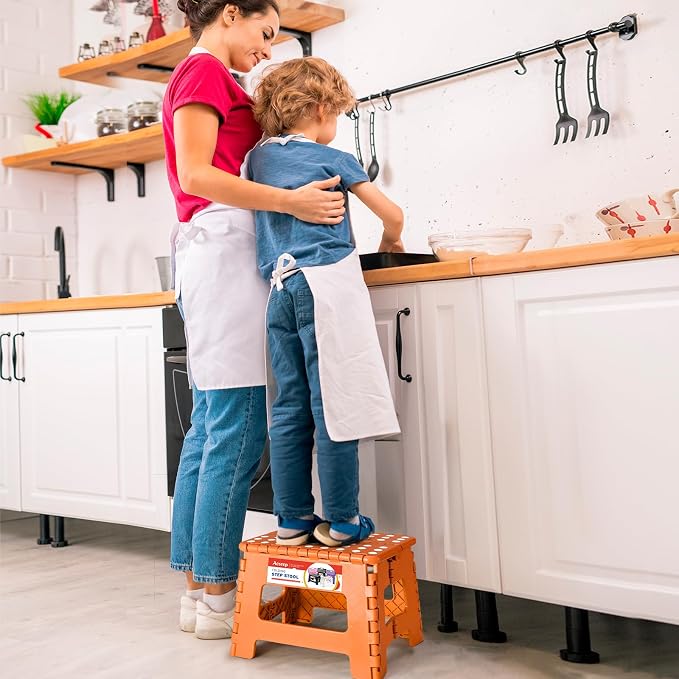 Folding Step Stool 9 Inch for Kids and Adults, 300 lbs, Orange | Lightweight Plastic Small Foldable Step Stool with Handle, Non-Slip, for Kitchen, Bathroom, Bedroom and Closet - Image 8