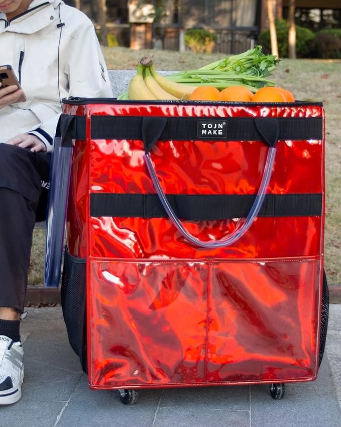 Reusable Grocery Bag with Wheels, Large Glitter Red Rolling Tote | 8 Pockets, Zipper Cover, Foldable for Women, Kitchen, Travel, Carries Up to 76LBS - Image 2