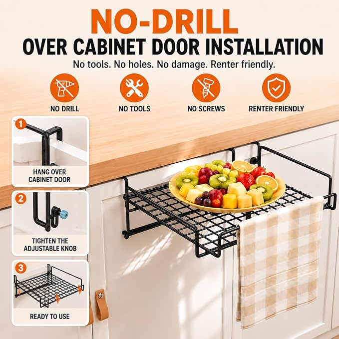 Kitchen Counter Extender, 1-Sec Foldable Over Cabinet Door & Drawer Organizer Shelf, No Drill Hanging Storage Rack Space Saver with Towel Bar for RV & Renters (Carbon Steel Black) - Image 4