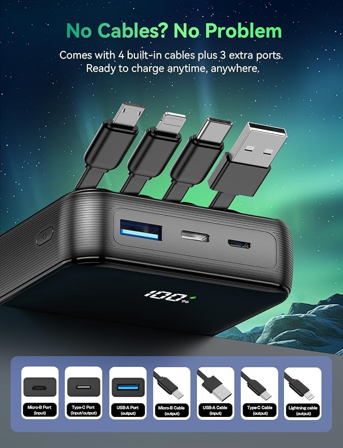 Portable Charger Power Bank 50000mAh, 22.5W Fast Charging & 50% Smaller Battery Pack with Built-in Cables, Travel Camping 4 Outputs, LED Display for iPhone, Android, iPad, Black - Image 7