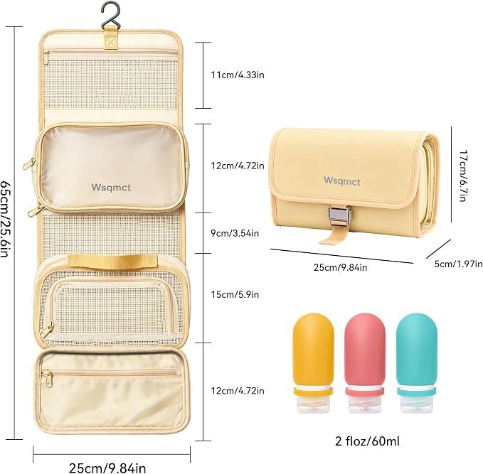 Hanging Travel Toiletry Bag, Waterproof Travel Bag for Toiletries Makeup Cosmetic Bag Organizer for Women Traveling Bathroom Shower, with 3 Silicone Travel Bottles, Beige - Image 3