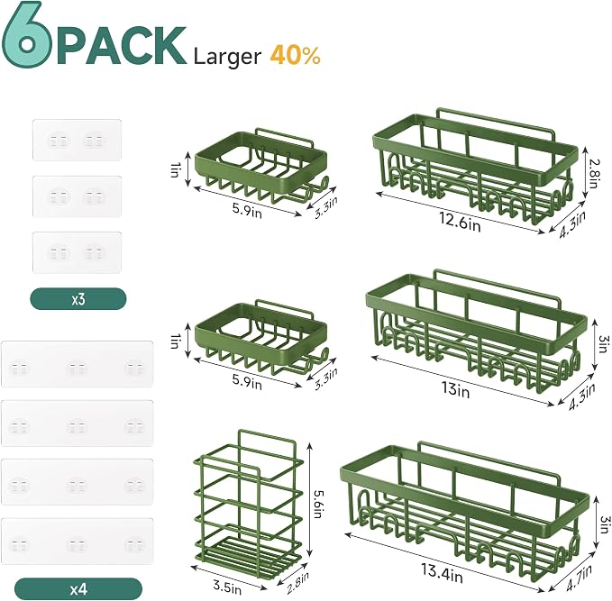 Veken Rustproof & Waterproof Shower Caddy 6-Pack, No Drilling Adhesive Shelves Rack with Soap Holder, Large Capacity Bathroom Organizers and Storage, Wall-Mounted Kitchen & Home Decor, Green - Image 7