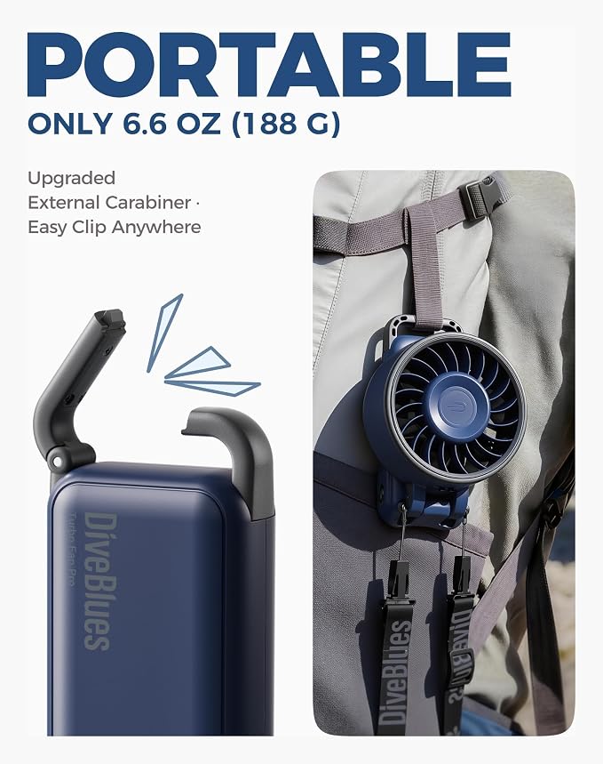 Diveblues Fanzy D6036 Portable Handheld Fan, Harbor Blue | 7.4m/s High Speed Turbo, 180° Foldable 4-in-1, Integrated Carabiner Clip, 100 Speed Stepless Control - Image 4