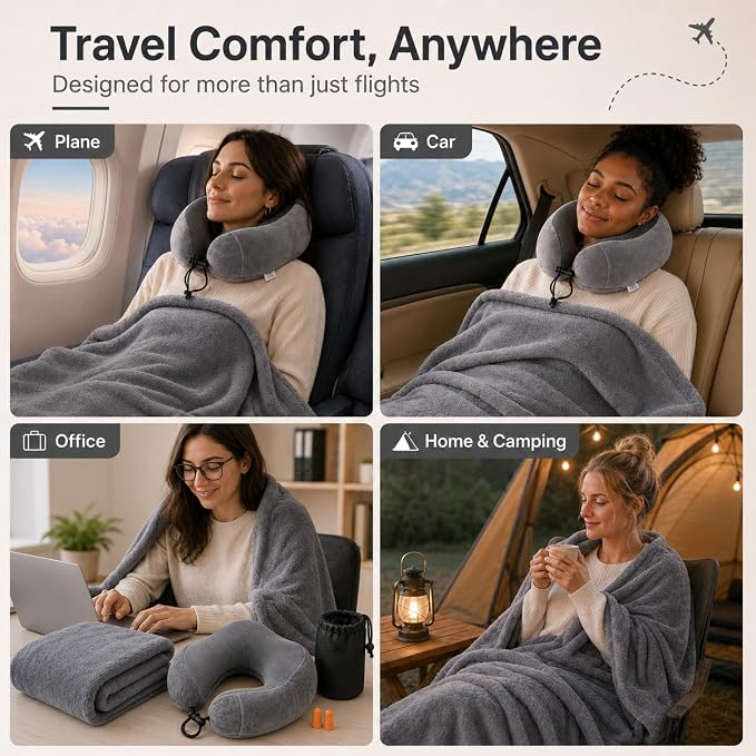 Travel Blanket and Pillow Set - Neck Pillow Airplane Essentials, Dark Grey | Memory Foam, Sleep Mask, Earplugs with Bag, Fleece Soft Comfort for Long Plane Flight Traveling Car Road Trip Flying - Image 6