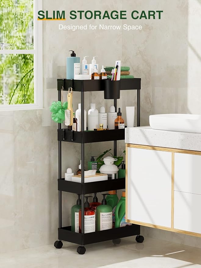 LEHOM Slim Rolling Storage Cart - 4 Tiers Bathroom Organizer Utility Cart | Slide Out Storage Shelves Mobile Shelving Unit for Kitchen, Bedroom, Office, Laundry Room, Small Narrow Spaces (7.1" W+Black) - Image 2
