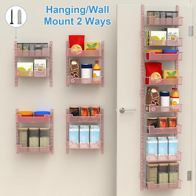 VyGrow 12.3" W Narrow Over the Door Pantry Organizer, 8-Tier Over the Door Organizer with Adjustable Basket, Pantry Door Organization for Pantry Kitchen Storage Room Spice Rack, Pink - Image 5