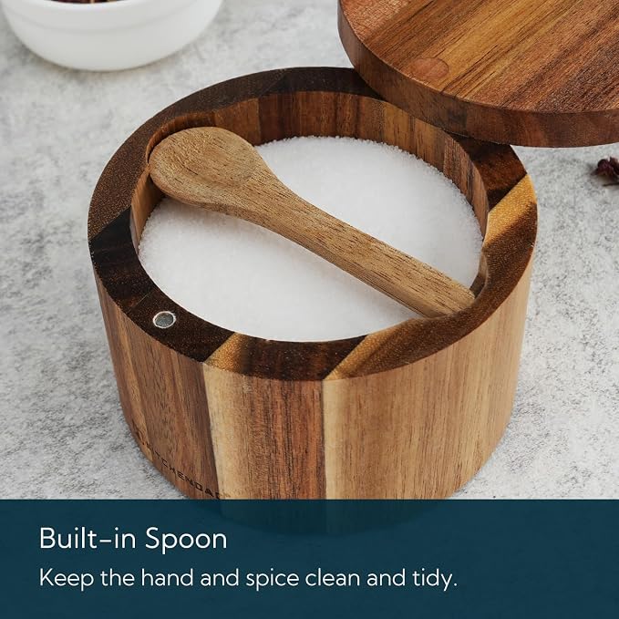 KITCHENDAO Acacia Wood Salt Cellar Bowl Box with Built-in Spoon to avoid Dust, Elegant Kitchen Salt Container Holder with Swivel Magnetic Lid to Storage Pepper Spice Bath Salt Sea Salt, 6OZ - Image 4