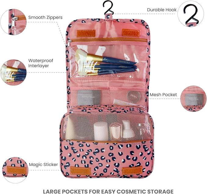 Lcsmaokin Large Capacity Toiletry Bag Travel Bag with Hanging Hook for Men and Women Waterproof Travel Cosmetic Bag Bathroom Storage Bag for Brushes Set,Full-Sized Shampoo,Accessories-Pink Smile - Image 2