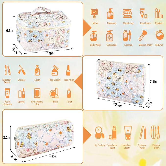 URSKYTOUS 3Pcs Cotton Quilted Makeup Bag for Women Girls Large Small Travel Floral Cosmetic Bags Set Cute Coquette Makeup Pouch for Purse Aesthetic Cloth Bee&Flower Storage Toiletry Bag Organizer - Image 2