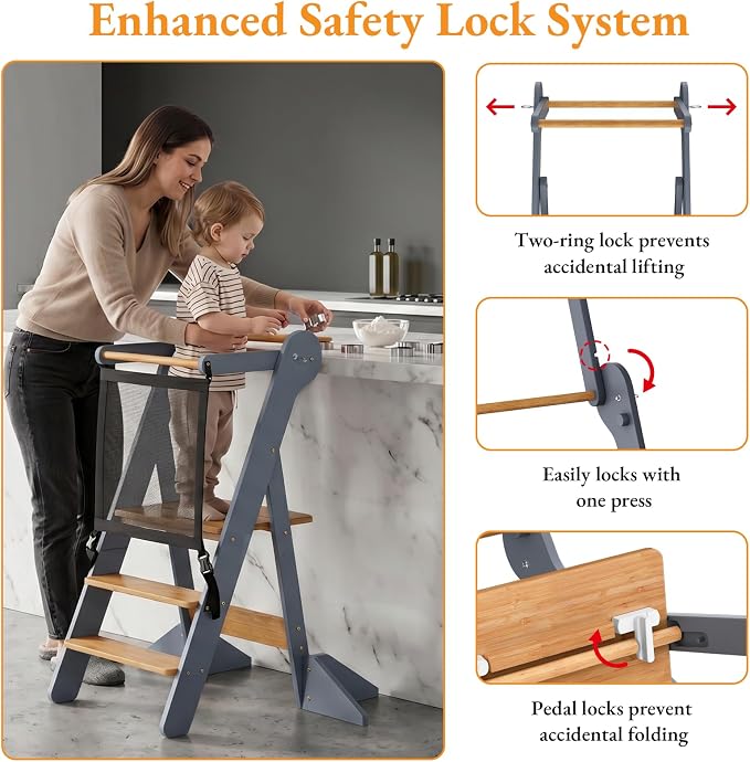 COSYLAND Toddler Standing Tower Foldable Toddler Kitchen Step Stool | Adjustable Height Folding Step Stool for Kids Learning and Cooking - Ages 18 Months to 6 Years with Safety Net Natural & Grey - Image 4