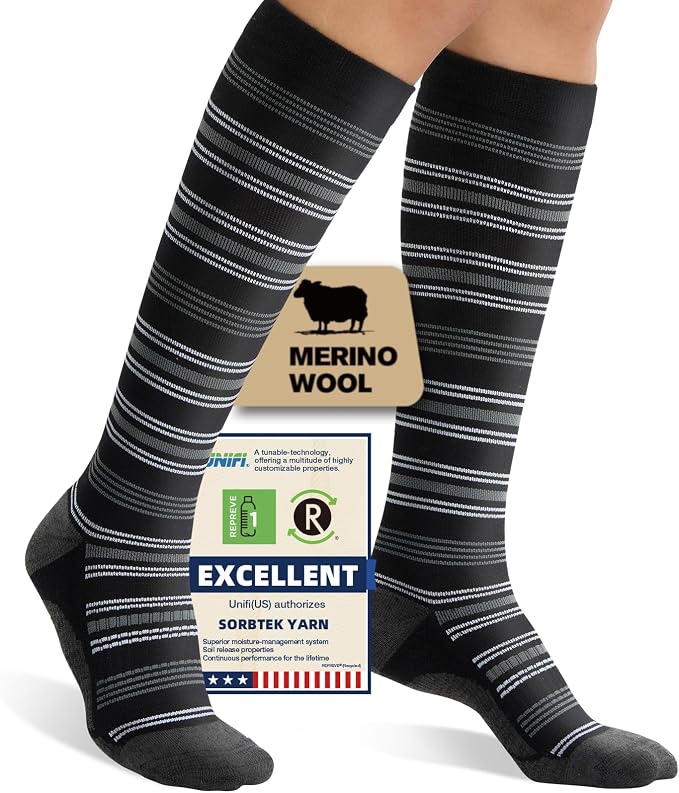 Merino Wool Compression Socks for Women Men 15-20 mmHg for flying | Soft & Breathable for Travel, Running by Unknown