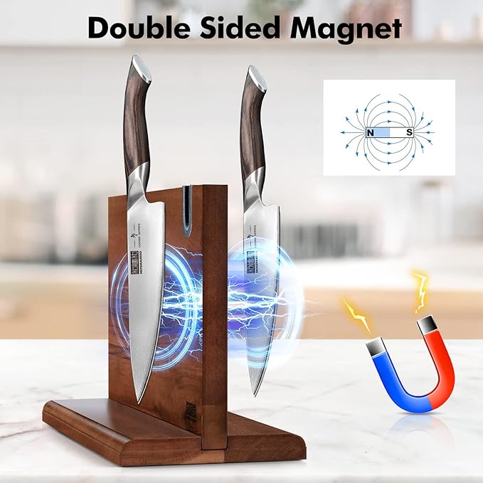 HOSHANHO Magnetic Knife Block 14 x 10", Double Sided Magnetic Knife Holder | Magnetic Knife Storage Stand for Kitchen Counter, Acacia Wood Knife Stand Rack with Knife Sharpener, Kitchen Organizer, Gifts - Image 2
