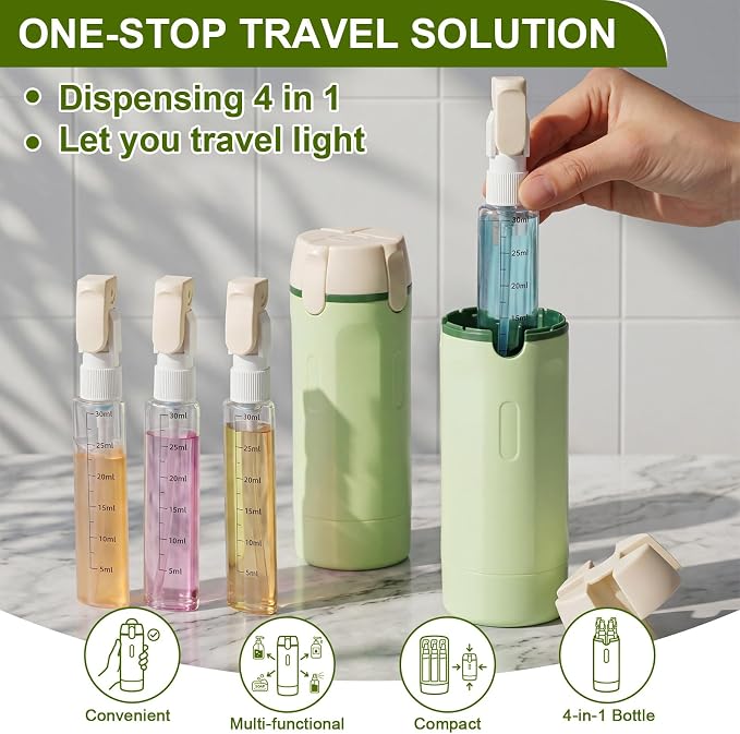 2 Pack 4 in 1 Travel Dispenser with 30ml Travel Bottles and Label Refillable & Leak Proof Portable Toiletry Containers with Locks for Shampoo Lotion Conditioner Cream (Green) - Image 5