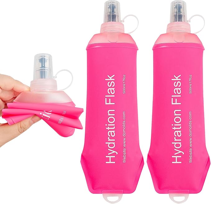 2 Pack 500ml Soft Flask, Shrink As You Drink Collapsible Water Bottles for Running Vest & Hydration Pack, BPA-Free Leak-Proof TPU Folding Bottle for Hiking Cycling Climbing Jogging-Pink by TACVEL