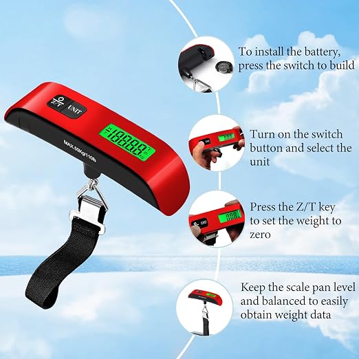 Luggage Scale, Portable Luggage Weight Scale 110lb/50kg with LED Display, Luggage Scale Travel Digital for Weighing Luggage, Backpacks, Fruits and Pets (Red) - Image 5