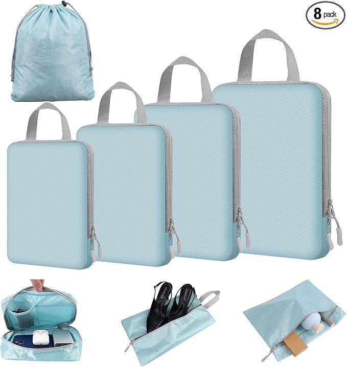 4/8 Set Compression Packing Cubes for Travel Essentials, Compressible Expandable Luggage Organizer Bags for Clothes, Durable Space Saver Storage Bags for Suitcase(8set-Mint Green) by Unknown