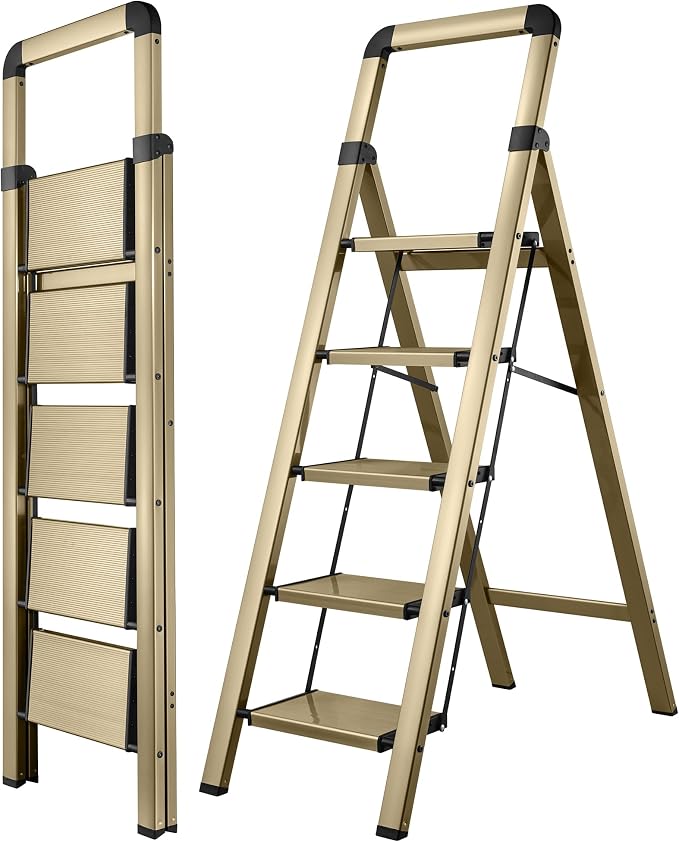 Step Ladder 5-Step Champagne Finish Aluminum Folding Ladders | Anti-slip Sturdy Foldable Ladder Step Stool for Kitchen Home Office Libaray by BIBKOKE
