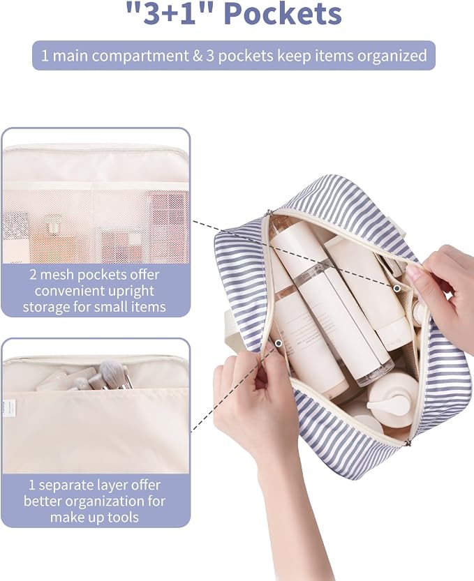 Full Size Toiletry Bag Women Large Cosmetic Bag Travel Makeup Bag Organizer Medicine Bag for Toiletries Essentials Accessories (Greyish Blue Stripe, Large) - Image 2