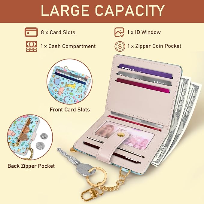 Jogjam Cute Dinosaur Rfid Girls Teen Women Wallet, Small Credit Card Holder | PU Leather Bifold Cash Zipper Coin Pocket ID Window, for Female Ladies Teen Girls Girly Gifts - Image 4