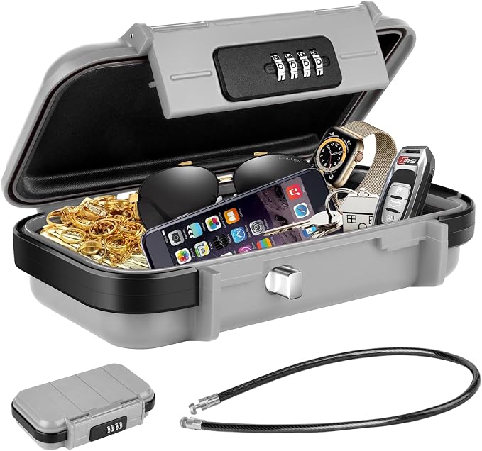 HUANLANG Portable Safe Lock Box with Combination Lock Mini Beach Travel Safe Waterproof Small Lockable Box with Removable Wire Rope Combination Safe Box for Dorm,Travel,Beach,Hotel,Car,Home,Office by HUANLANG