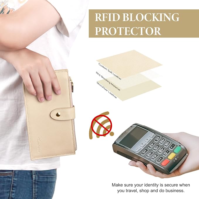 Travelambo Womens Leather Bifold Wallet, Slim RFID Blocking Card Holder | Large Capacity, 16 Card Slots & ID Window, 2 Zipper Pockets, Dual Snap Closure, Slim Lightweight, RFID Privacy Protection - Image 2