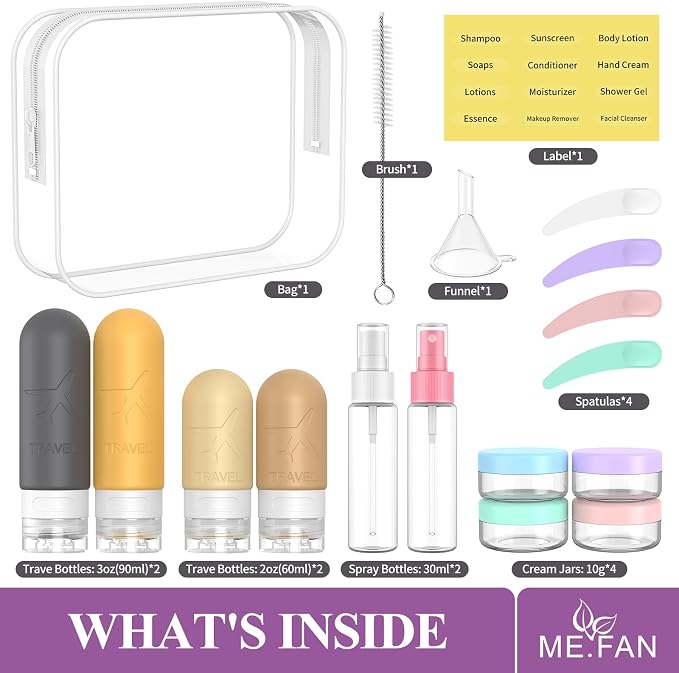 ME.FAN 18 Pack Travel Bottles for Toiletries, TSA Approved, Yellow | Travel Size Containers Set, Silicone Squeezable Portable Split Bottle, Travel Accessories for Conditioner, Shampoo, Lotion - Image 2