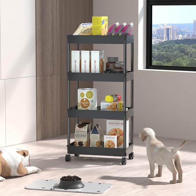 Sooyee 4 Tier Wide Storage Cart, Mobile Shelving Unit Organizer, Black | Slide Out Storage Rolling Utility Cart Tower Rack for Kitchen Bathroom Laundry, Plastic & Stainless Steel - Image 6