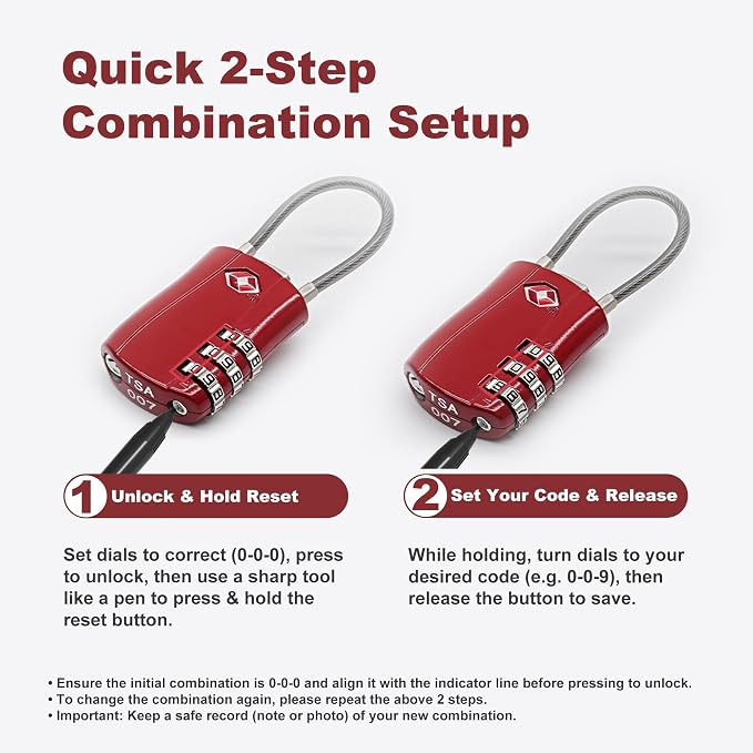 TSA Locks for Luggage, Small Padlock Combination with Cable, Luggage Locks TSA Approved, Combo Padlock with Code, for Travel Suitcase, Gym Locker, Gun Case, Backpack Zipper (Black+Red) - Image 6