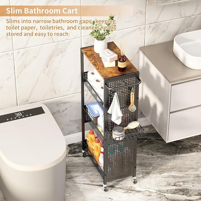 Slim Storage Rolling Cart: 4-Tier Narrow Metal & Wood Utility Cart with Wheels for Kitchen/Laundry/Bathroom(Black) - Image 5