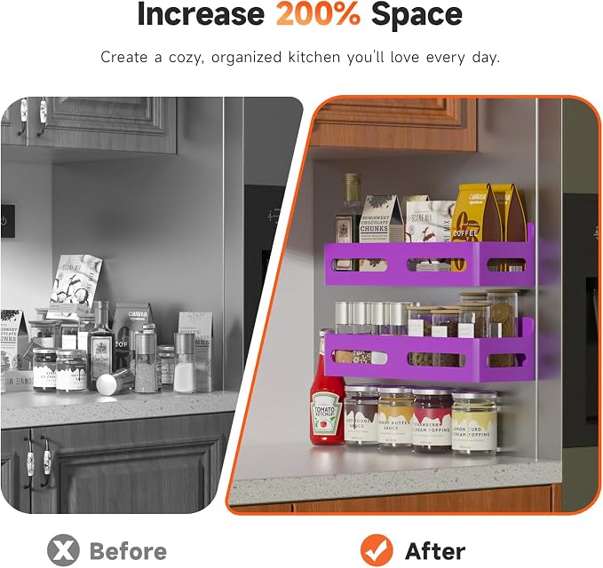 4-Pack Magnetic Spice Rack for Refrigerator with Hooks, Purple | Strong multipurpose magnetic shelf for kitchen & bathroom organization. Includes 4 removable hooks for hanging items. - Image 3
