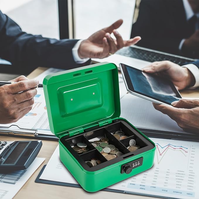 xydled Cash Box with Money Tray,Locking Cash Box with Combination Lock,Money Box with Removable Coin Tray,Medium,9.84 inchx 7.87 inchx 3.54 inch,Green - Image 2