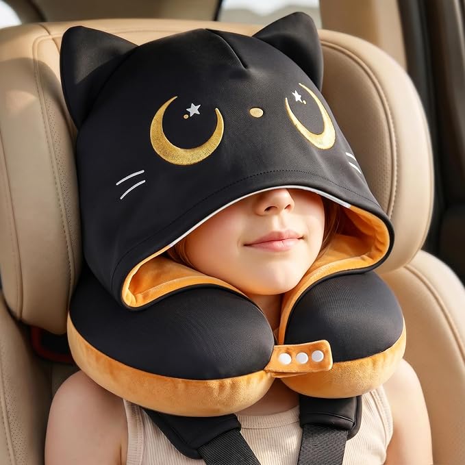 Mewaii Kids Travel Neck Pillow, Airplane Pillow with Hood, Orange | Memory Foam, Neck Support, Reversible, Adjustable Strap, Washable Cover, Cat Ear Hood, for Flights, Cars, Kids & Teens by Mewaii