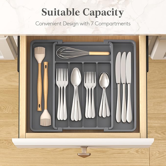 Lifewit Expandable Silverware Drawer Organizer, Kitchen Utensil Tray | BPA-free Plastic Flatware Cutlery Holder, Space-Saving Storage for Spoons Forks Knives, 8.5-14 x 12 x 1.5“, Dark Gray - Image 3
