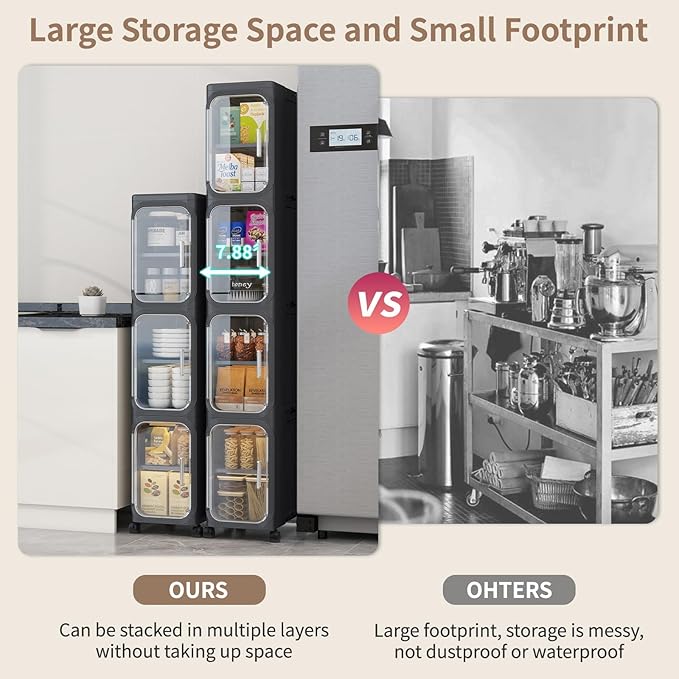 3 Tier Slim Bathroom Storage Cabinet, Foldable and Movable, Black | Tools Free, ABS and PET, Magnetic Clear Door, Adjustable Shelves, Lockable Wheels, Water Resistant, For Narrow Space - Image 3
