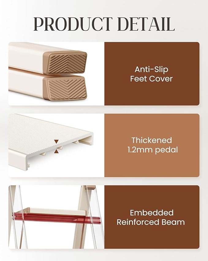 4 Step Ladder, Folding Step Stool with Anti-Slip Wide Pedal | Lightweight, Aluminum Material, 330LBS Load, Portable, Easy Storage, Space Saving, for Kitchen, Bedroom Use, Chocolate White - Image 4